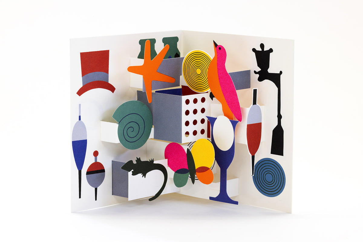 Surrealist pop up card v 1 - bird, lizard, sealife - shown open