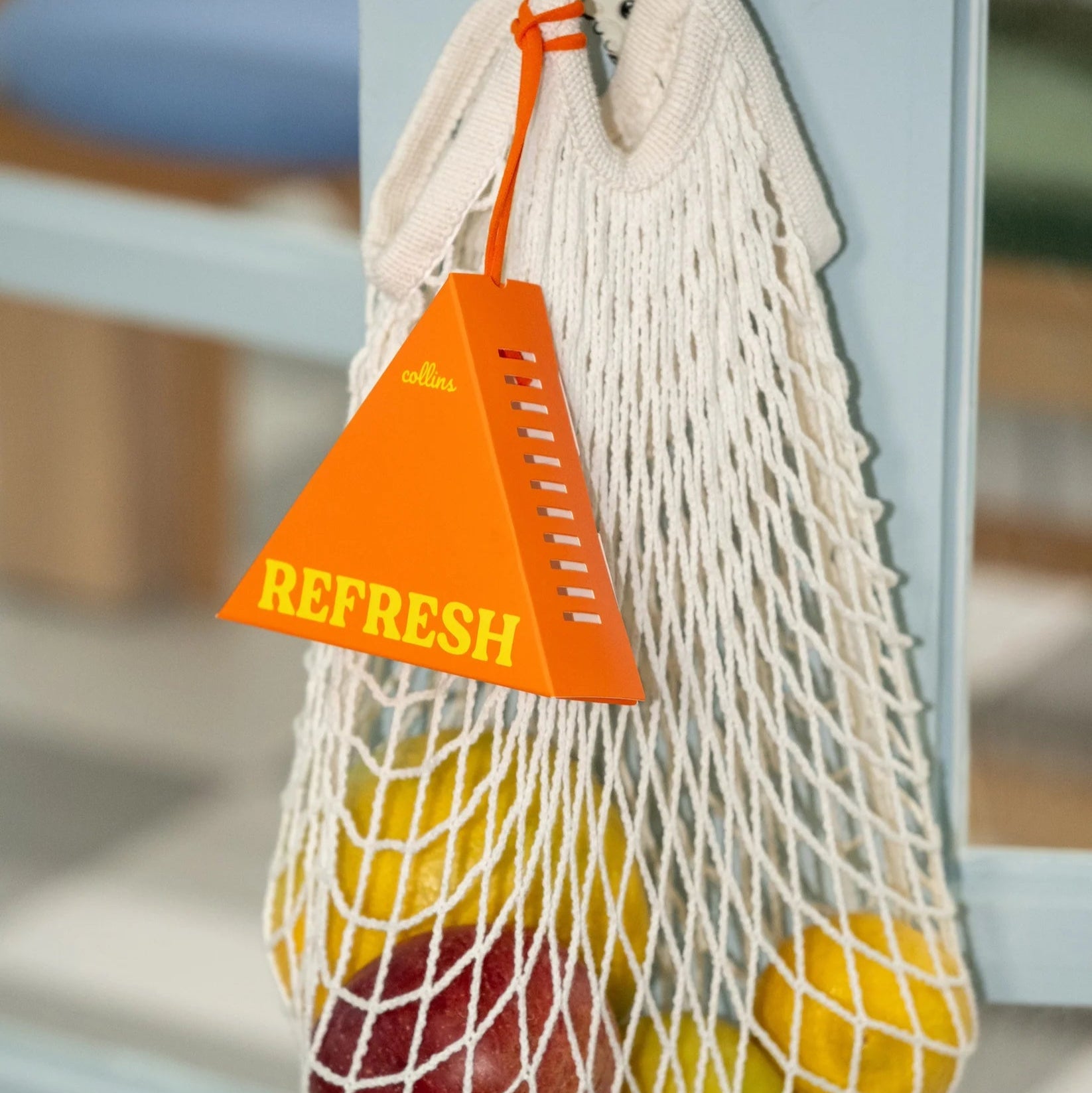 Net bag with fruits and an orange 'REFRESH' sign hanging on a light blue surface.