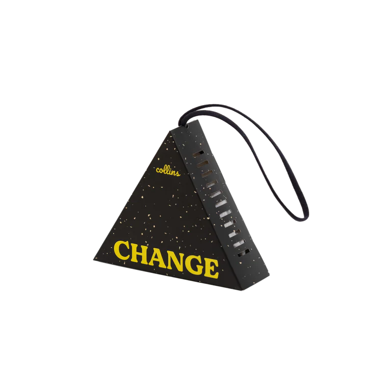 Black triangular fragrance sachet with 'CHANGE' text on a white background