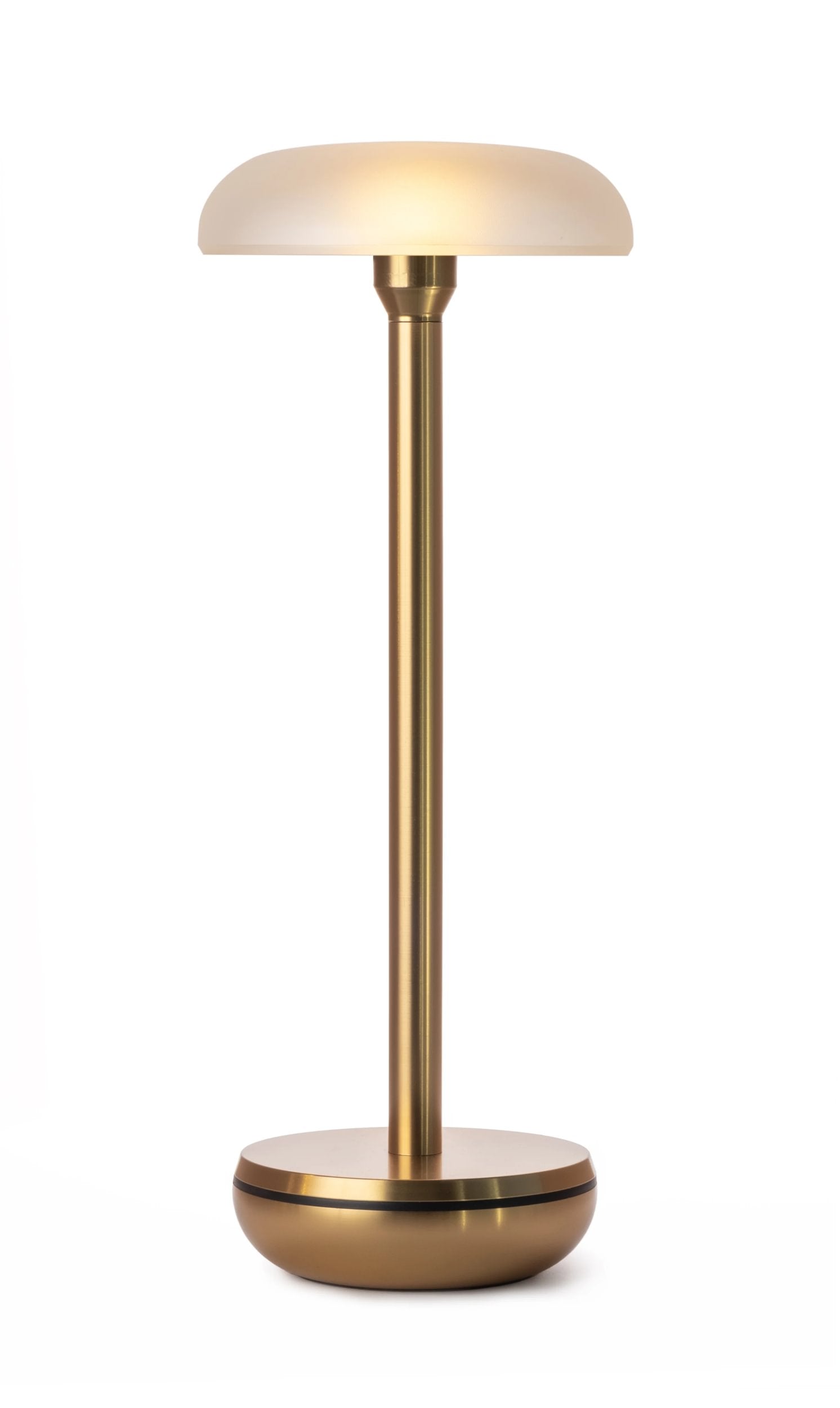 One Table lamp with a gold base and frosted shade