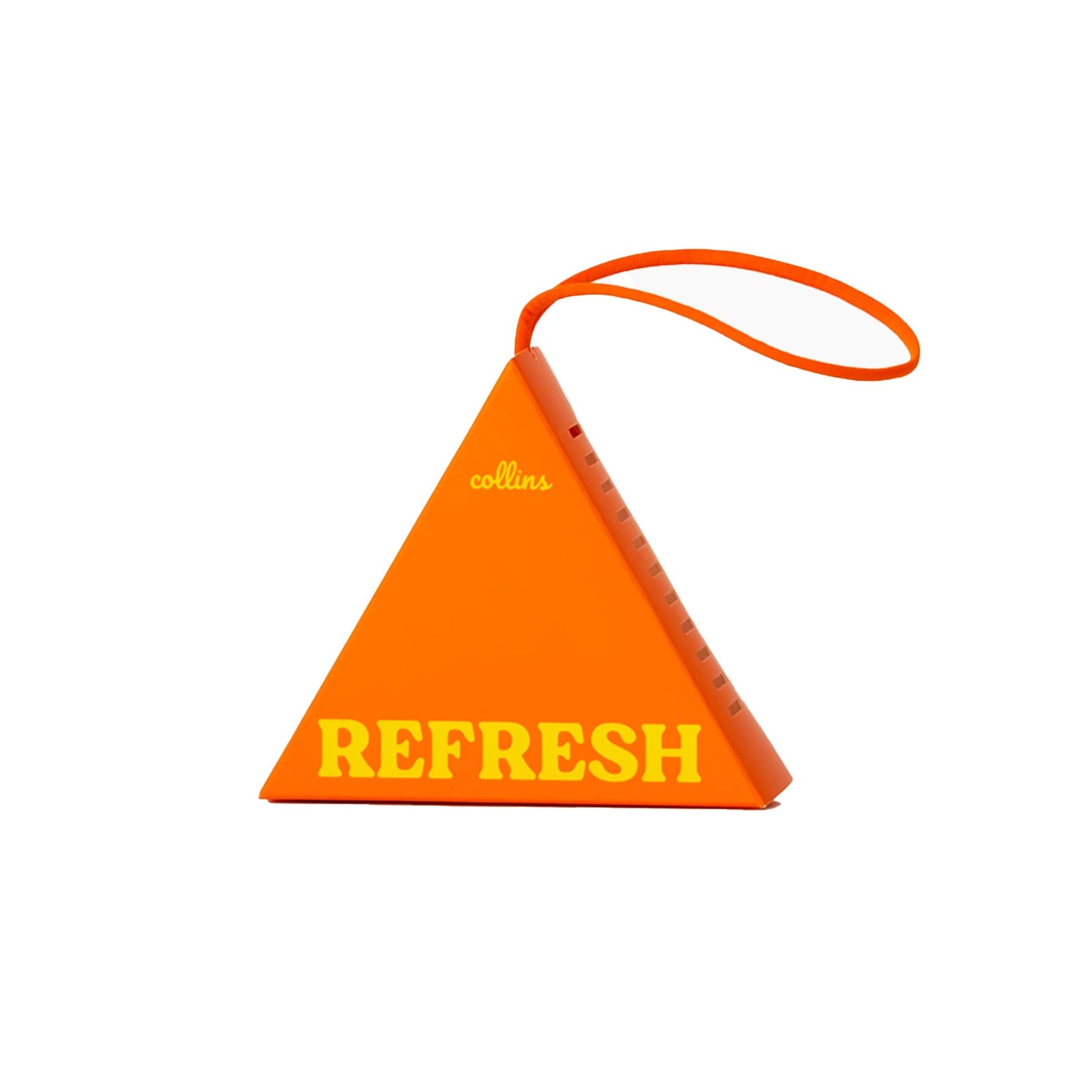 Orange triangular fragrance sachet with 'REFRESH' text on a white background