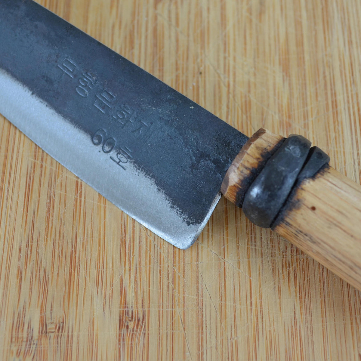 Master Shin's Anvil, #60 Rustic Kitchen Knife, small, closeup shot of handle and blade