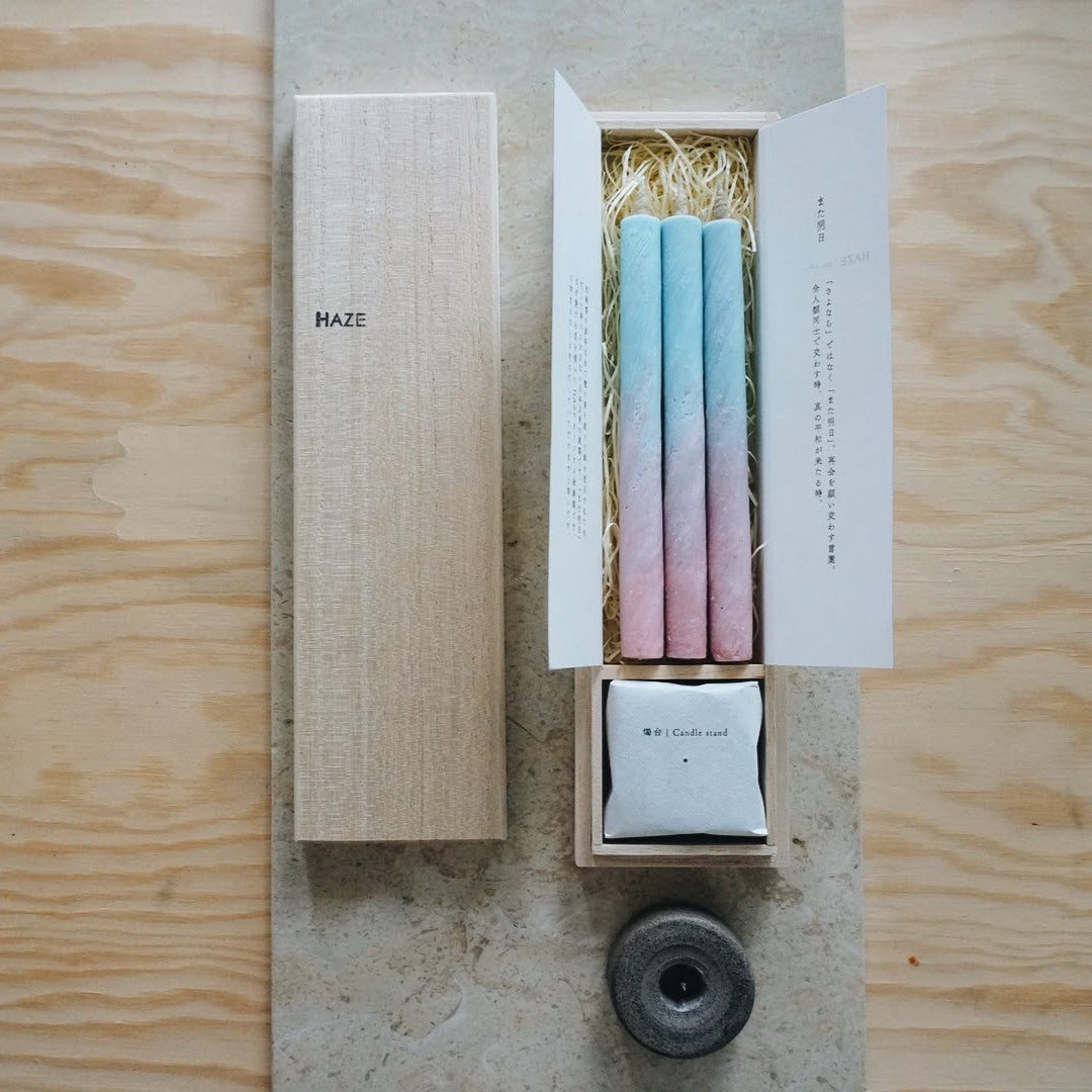 Traditional Japanese Candle Gift Set of Three Multi-Colored in Wooden Box