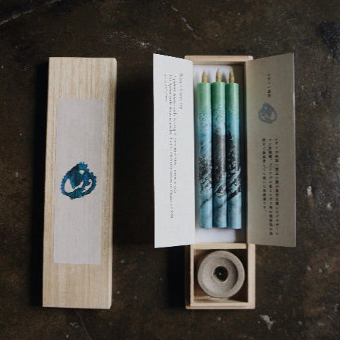 Traditional Japanese Candle Gift Set of Three Multi-Colored in Wooden Box