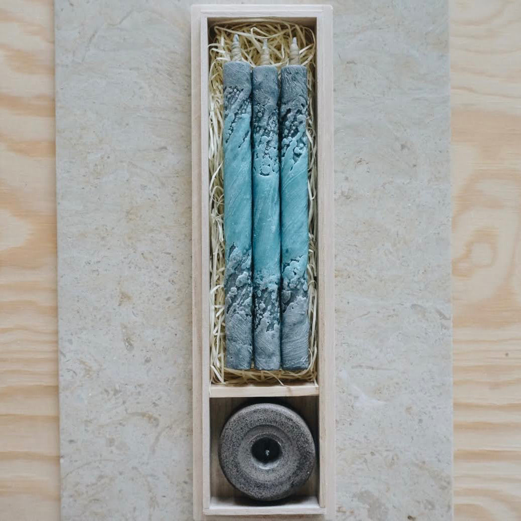 Traditional Japanese Candle Gift Set of Three Multi-Colored in Wooden Box