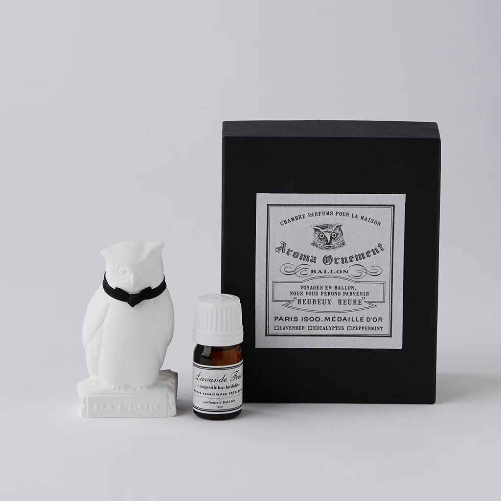 Owl Aroma Ornament Product Photo with corresponding Lavender Oil Product Photo