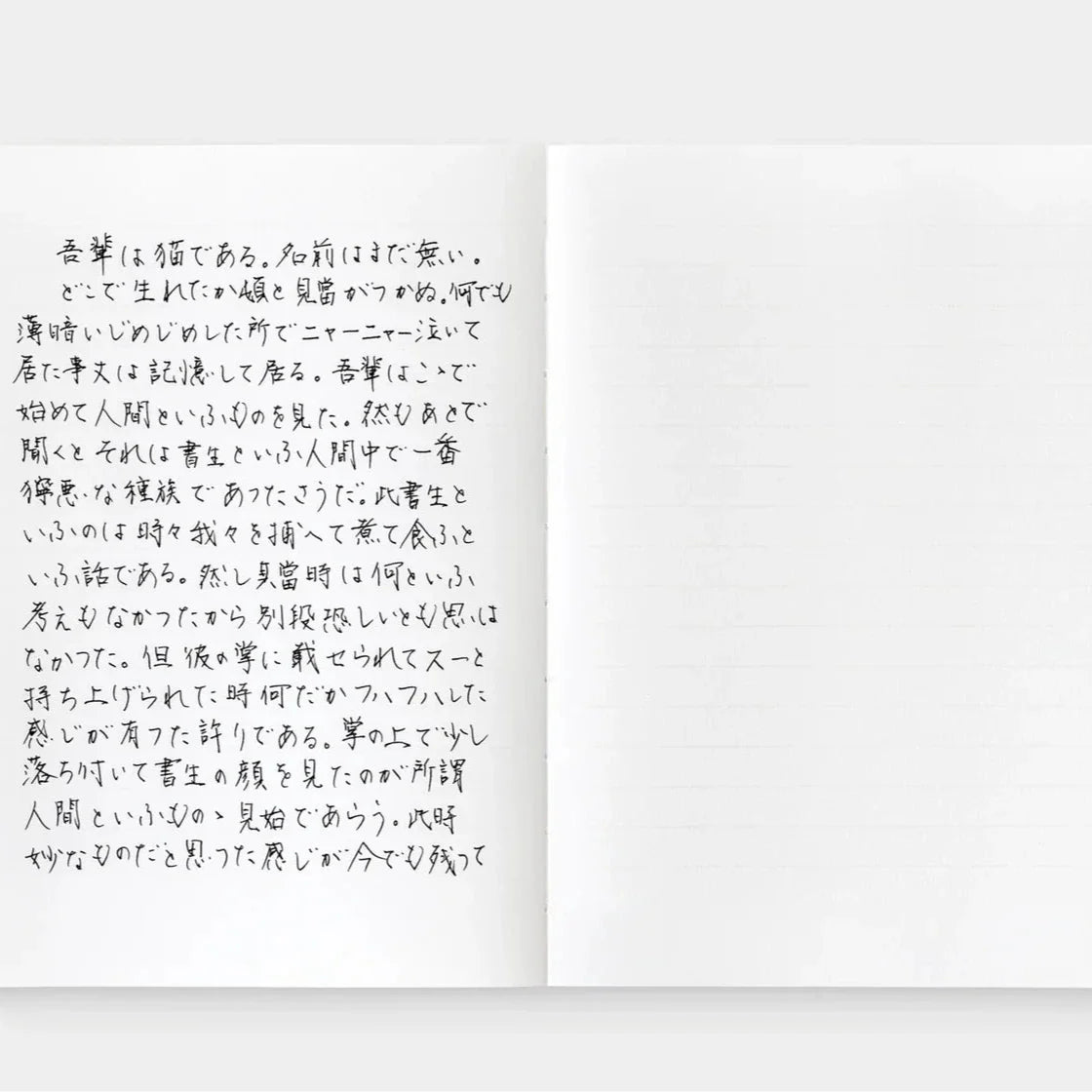 Open notebook with handwritten text on white background