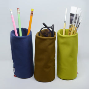 Group photo of 3 Sacco eyeglass holders - navy, espresso and light green 