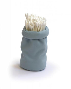 Light blue Sacco - photographed slightly folded over and holding q tips 